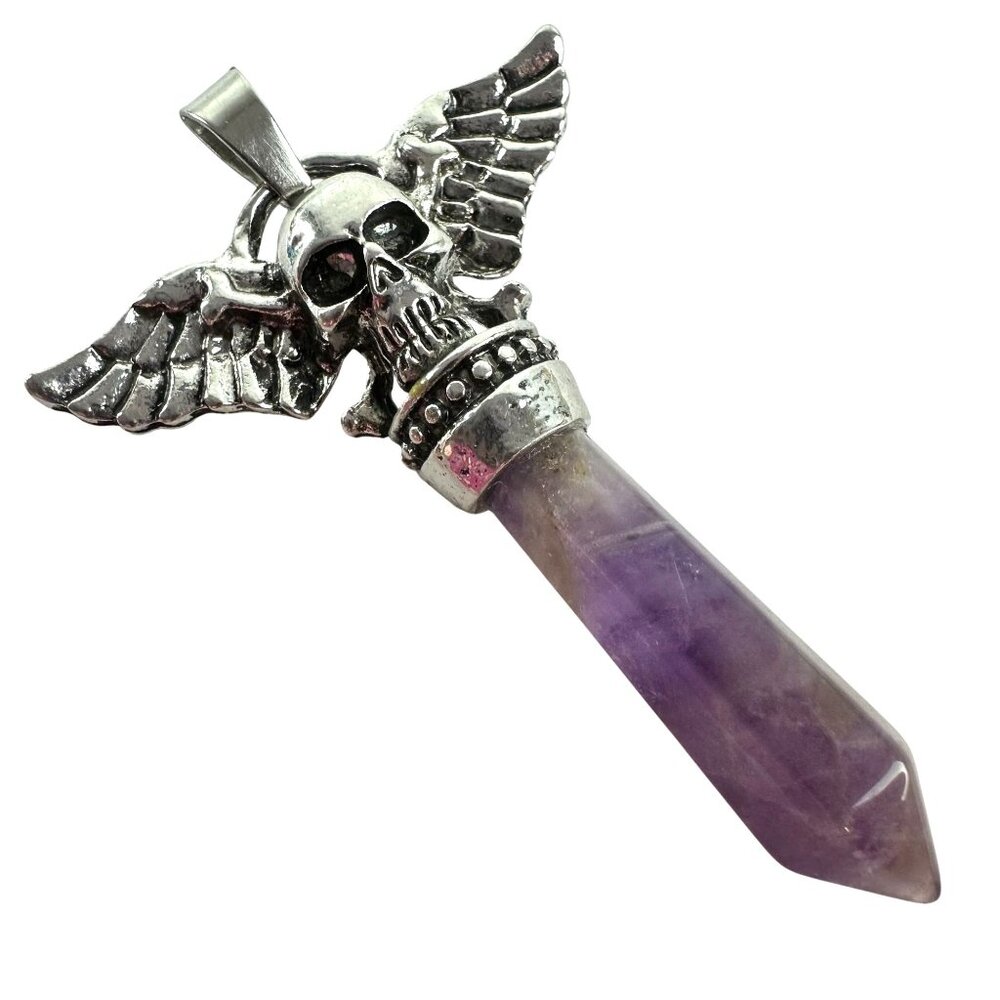 Winged Skull Amethyst Crystal 2" Pendant Gothic